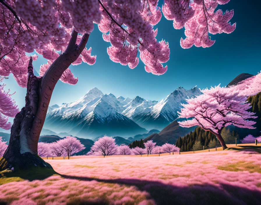 Pink Cherry Blossoms Surround Mountain Range in Clear Blue Sky