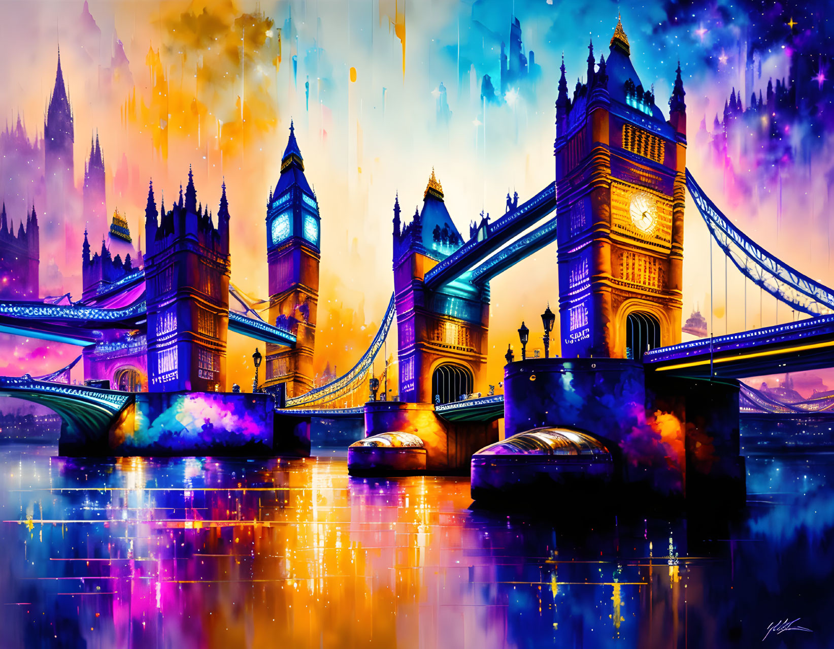 Colorful digital artwork: Tower Bridge with abstract, neon sky