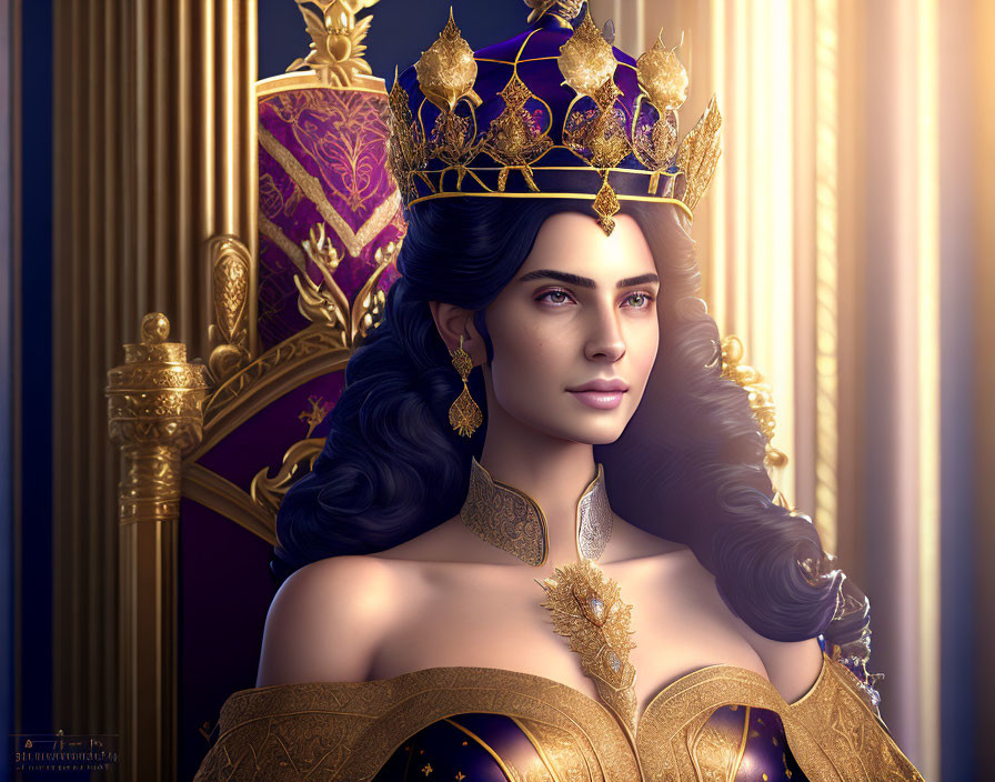 Regal woman in gold crown and armor against luxurious backdrop