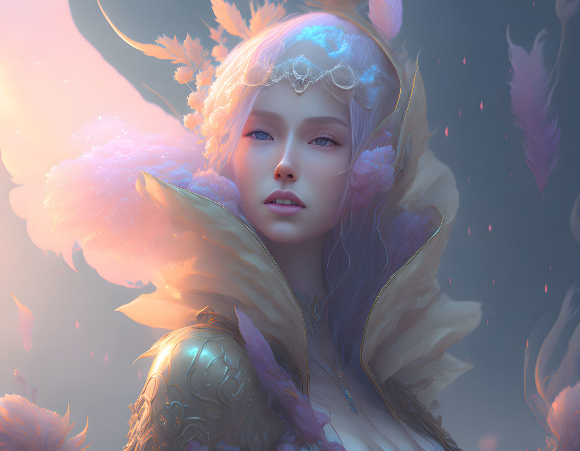 Ethereal female figure with ornate headpiece and glowing feathers