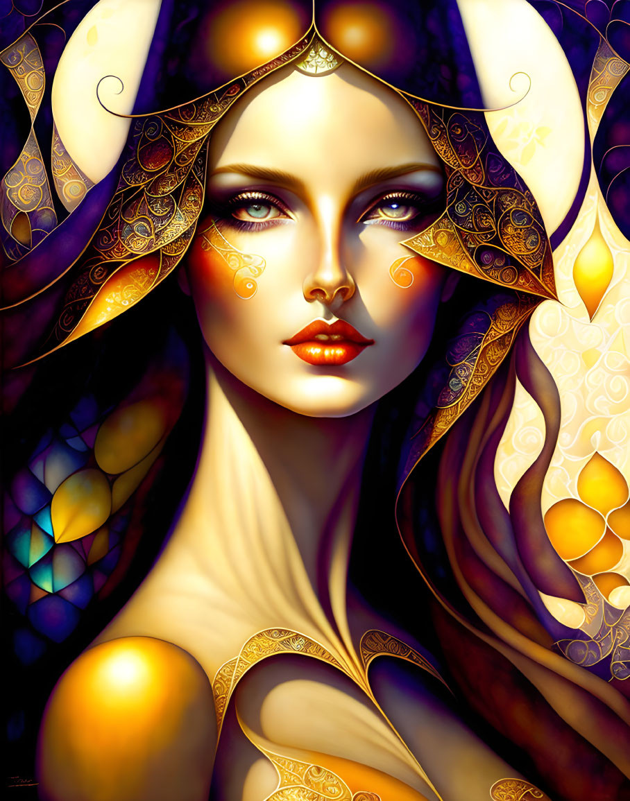 Stylized portrait of woman with golden decorative elements and intricate patterns