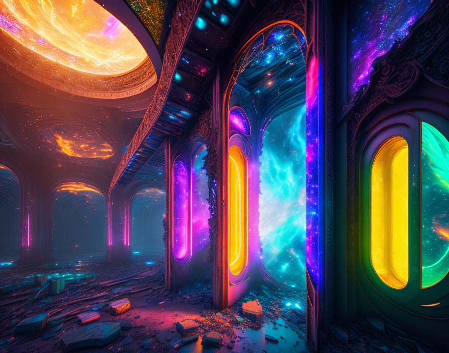 Colorful Arched Doorways with Cosmic Scenes in Grand Structure