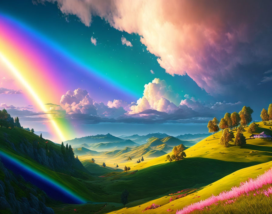 Vibrant rainbow over green hills, pink flowers, and scattered trees