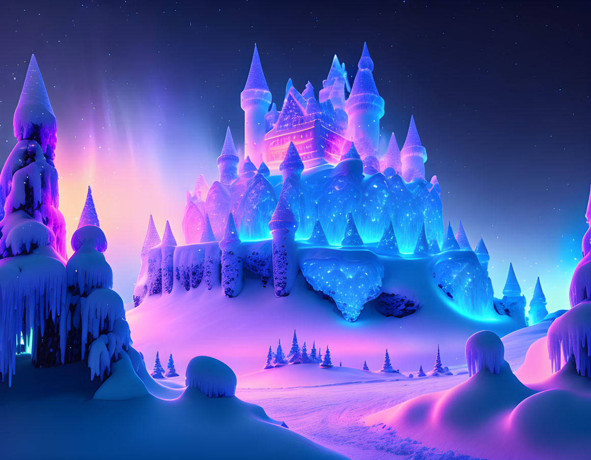 Fantastical icy castle at night with neon lights under starry sky