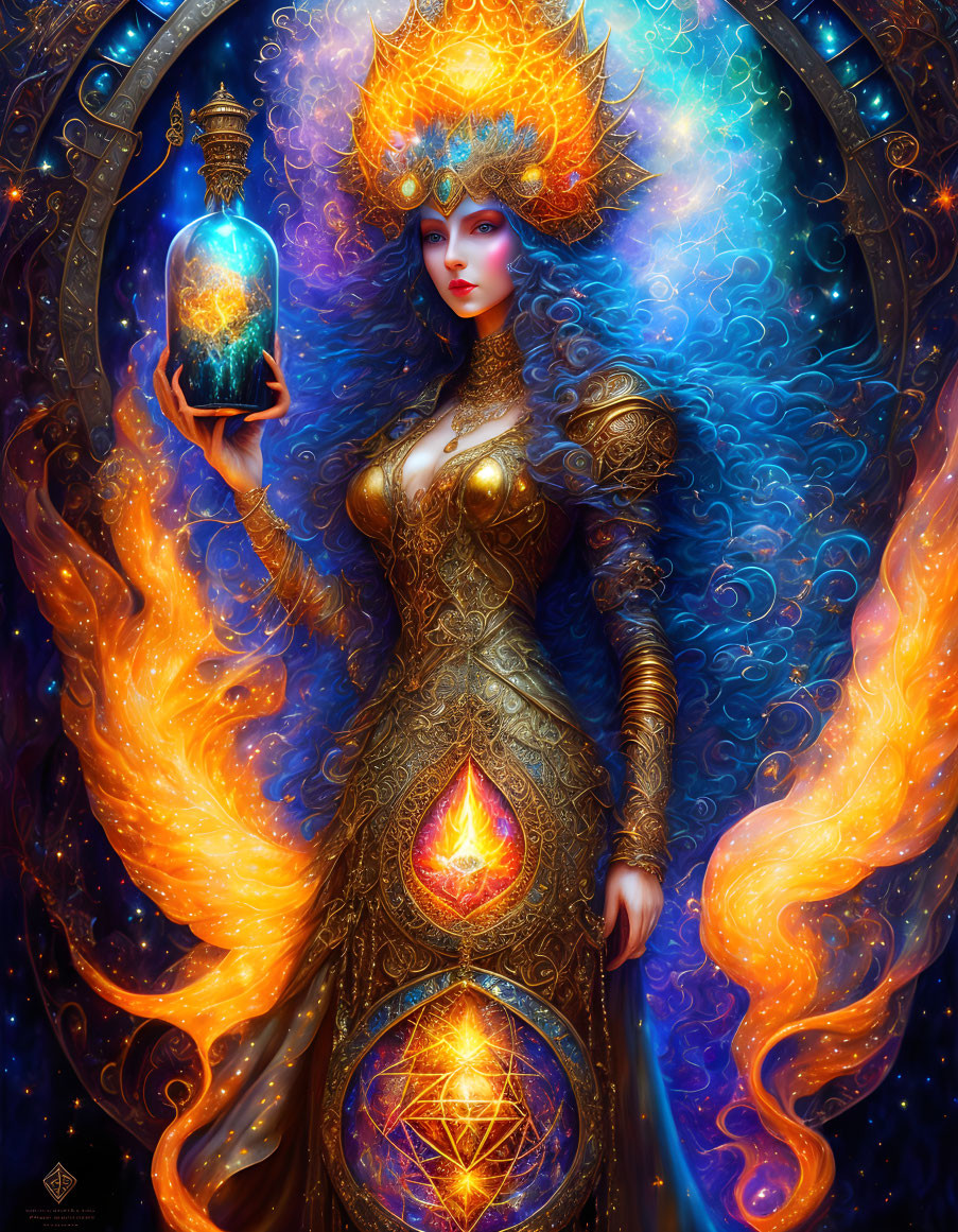 Mystical female figure in ornate gold-and-blue costume with swirling patterns holding luminescent bottle