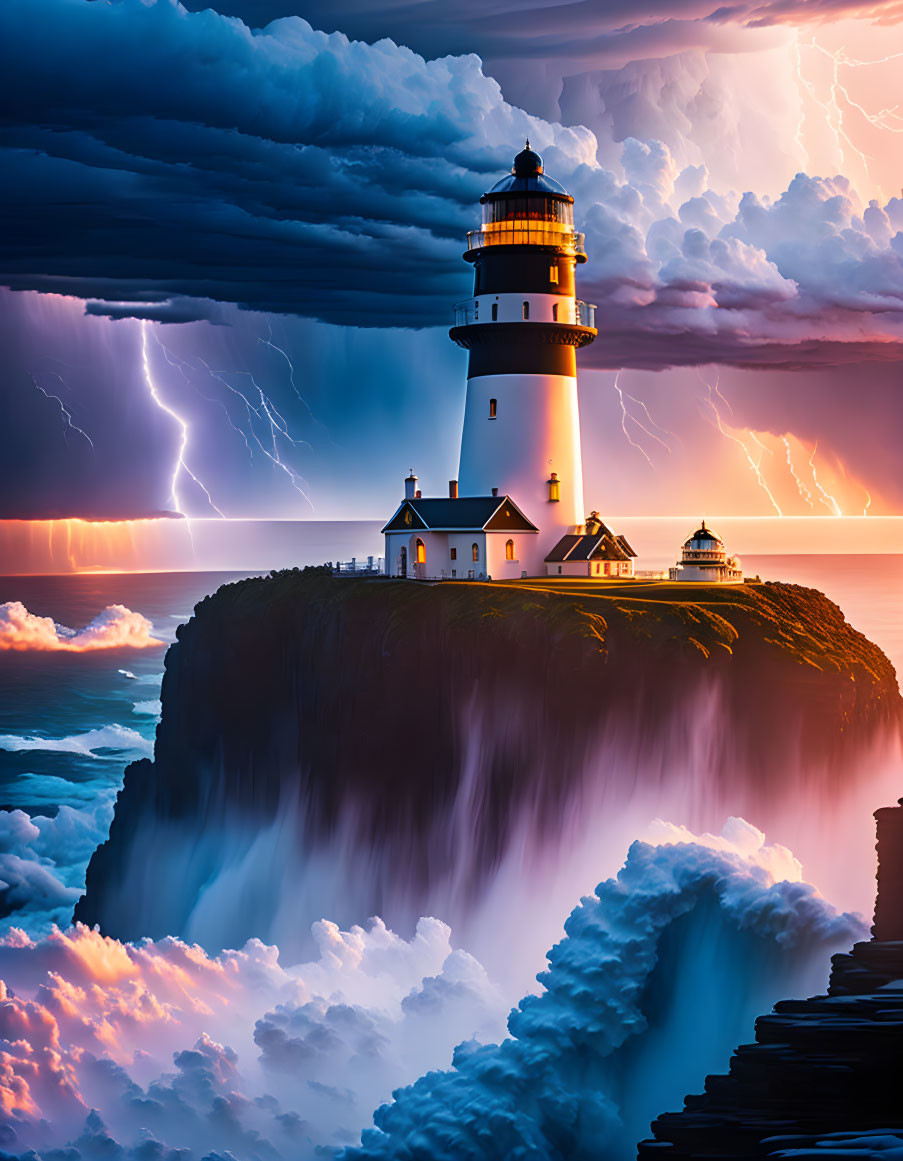 Cliff-top lighthouse in stormy twilight scene