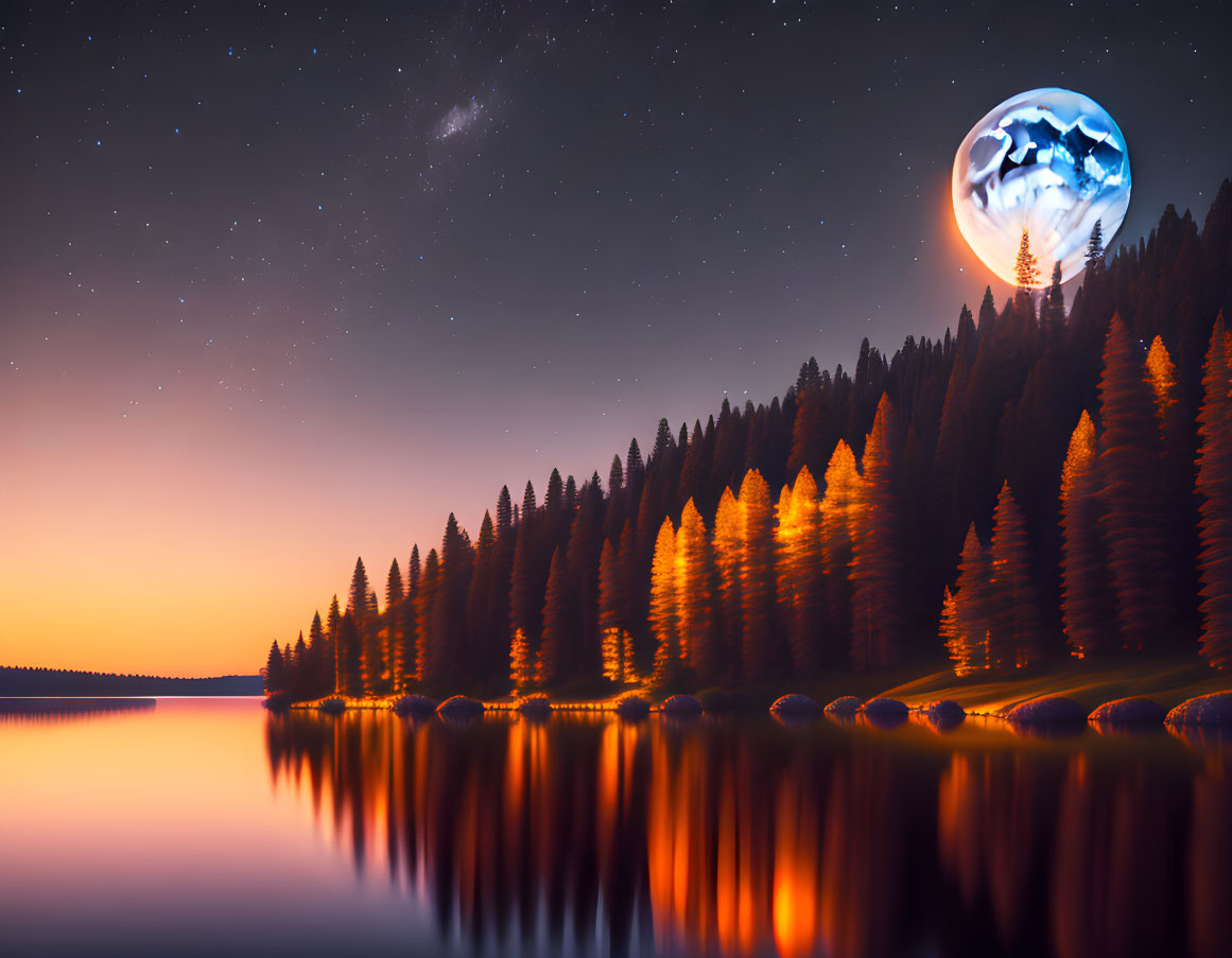 Tranquil Night Landscape with Starry Sky, Moon, Lake, and Pine Trees