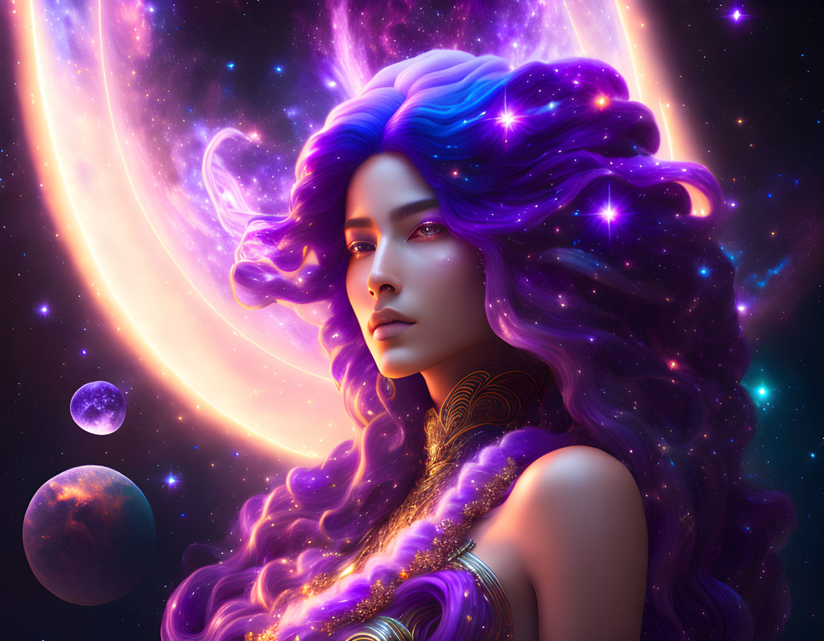 Digital artwork: Woman with vibrant purple hair in cosmic background