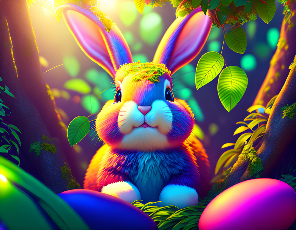 Colorful Easter rabbit surrounded by foliage and eggs in magical forest