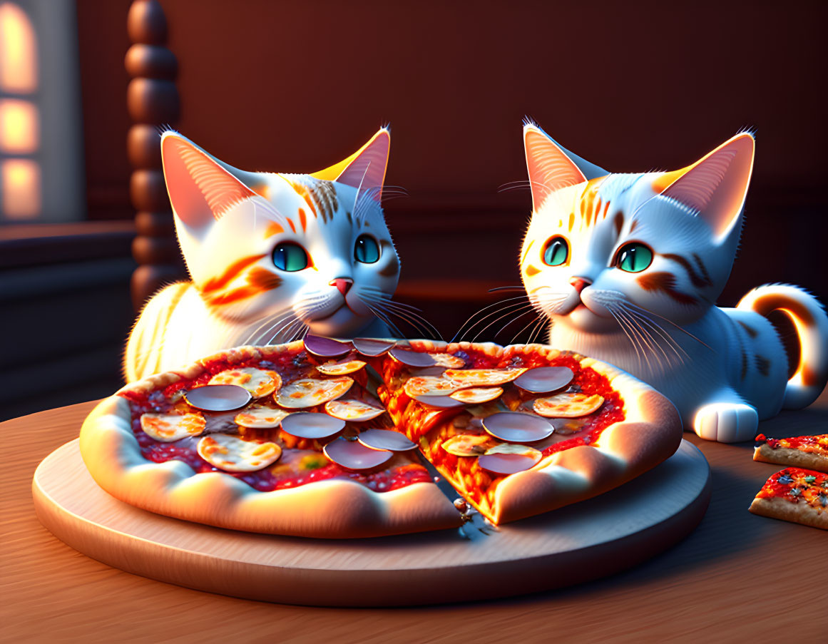 Two animated cats with big eyes and a sliced pizza on a wooden table in a room with warm sunset