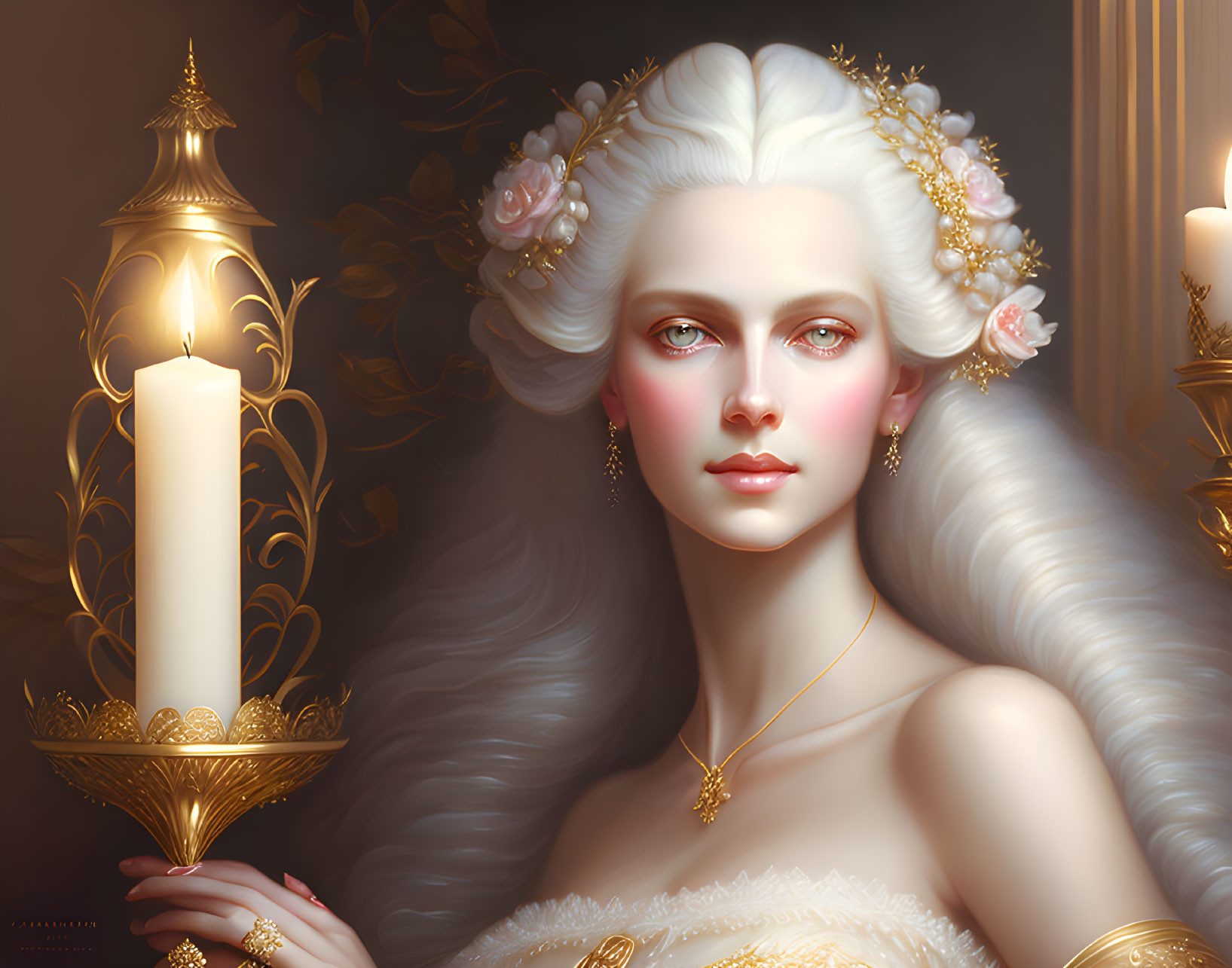 Elegant woman with white wavy hair and candelabra in candlelight