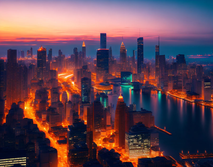 Vibrant city skyline at dusk with glowing lights and dramatic sky