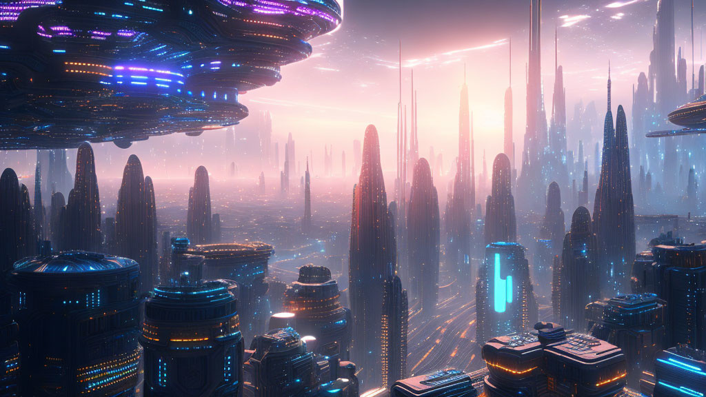 Futuristic cityscape with skyscrapers, neon lights, and flying vehicles at twilight