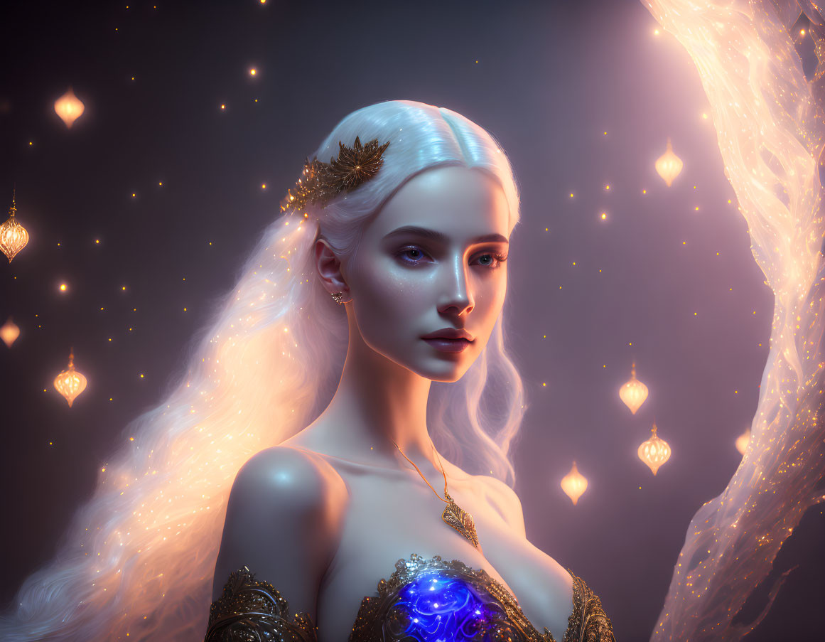 Platinum blonde woman with golden tiara and blue orb in mystical setting