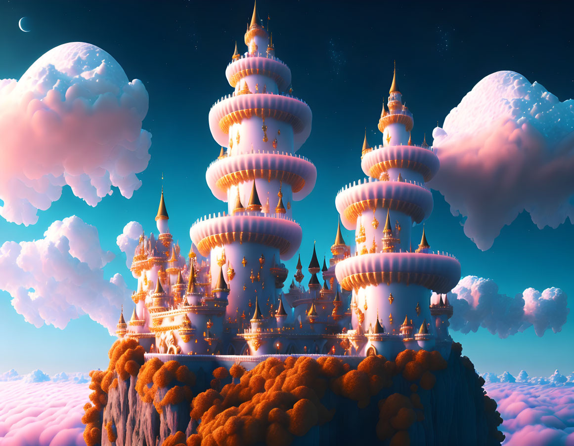 Fantastical castle with spires on cliff under twilight sky