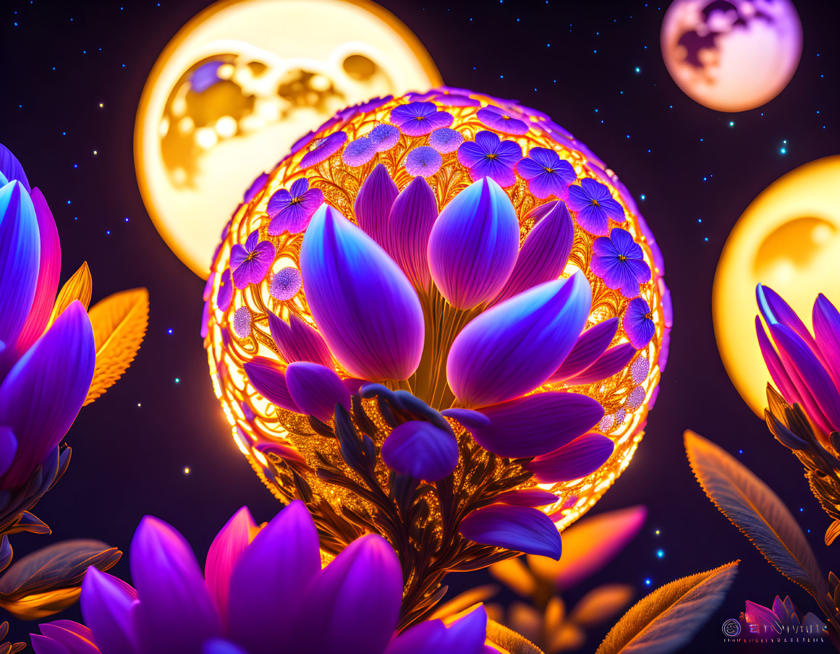 Digital art: Vibrant purple flowers, glowing orbs, starry sky - mystical atmosphere