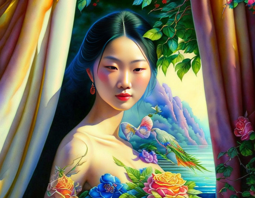 Traditional East Asian woman with red earring, roses, hummingbird, and water landscape.