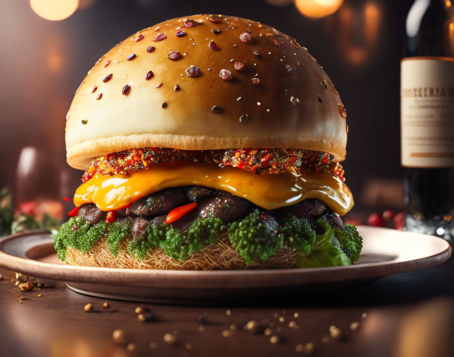 Cheeseburger with lettuce and condiments on plate with bokeh lights.