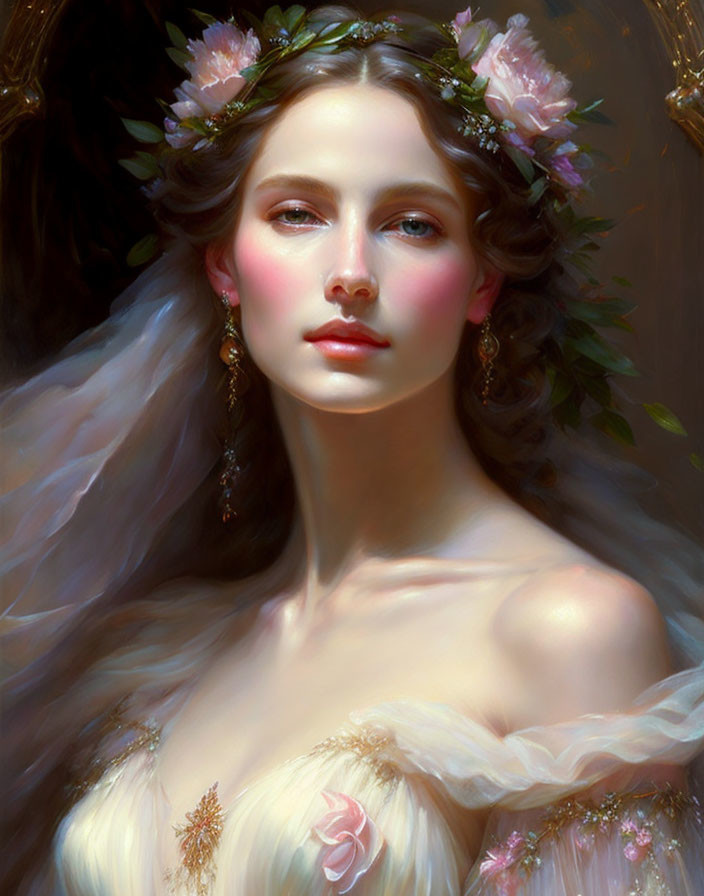 Portrait of young woman in floral crown and embroidered gown radiates ethereal beauty