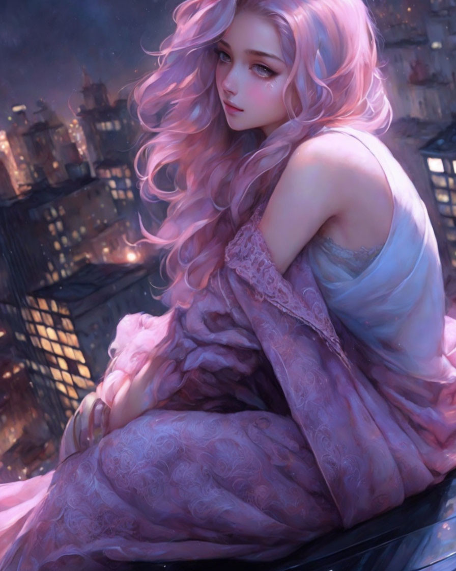 Digital artwork: Woman with pink hair in lilac dress against cityscape at night