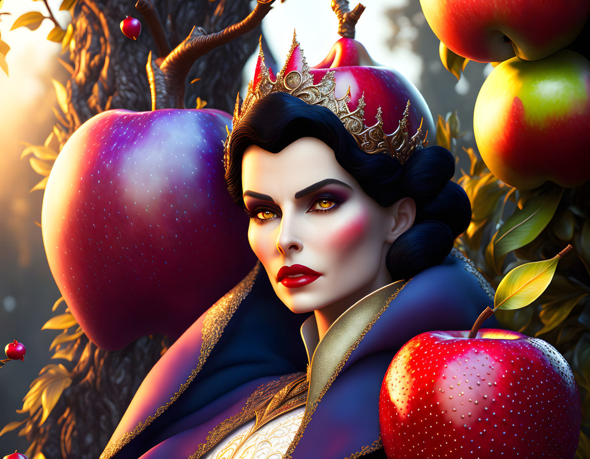 Illustrated Queen with Crown Surrounded by Apples and Forest Background