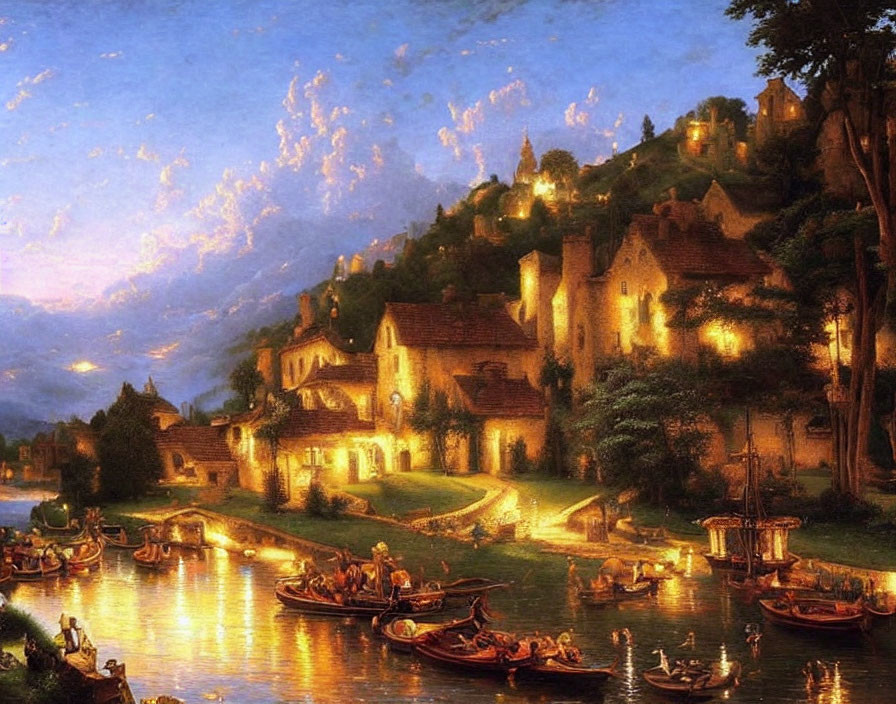 Tranquil river with rowboats, quaint houses, and hill at dusk