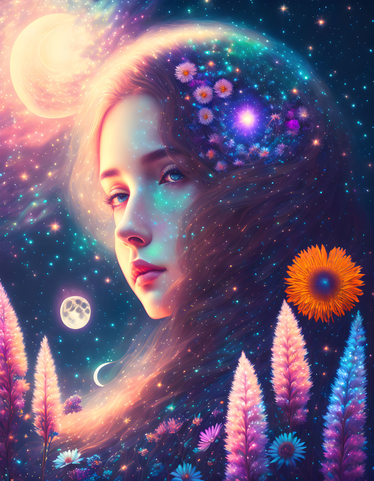 Surreal portrait of woman with flowers, cosmic background, stars, moons, and nebulae