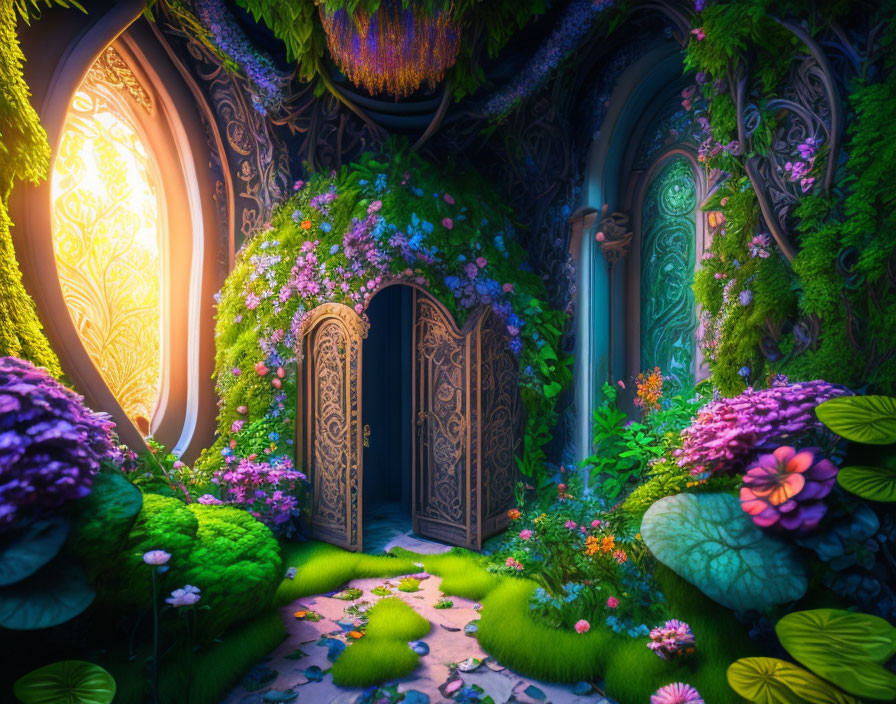 Fantasy interior with ornate window, intricate doors, and lush flora