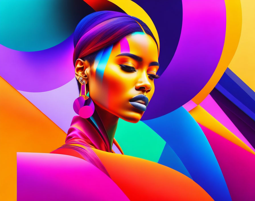 Colorful makeup woman portrait on vibrant abstract background