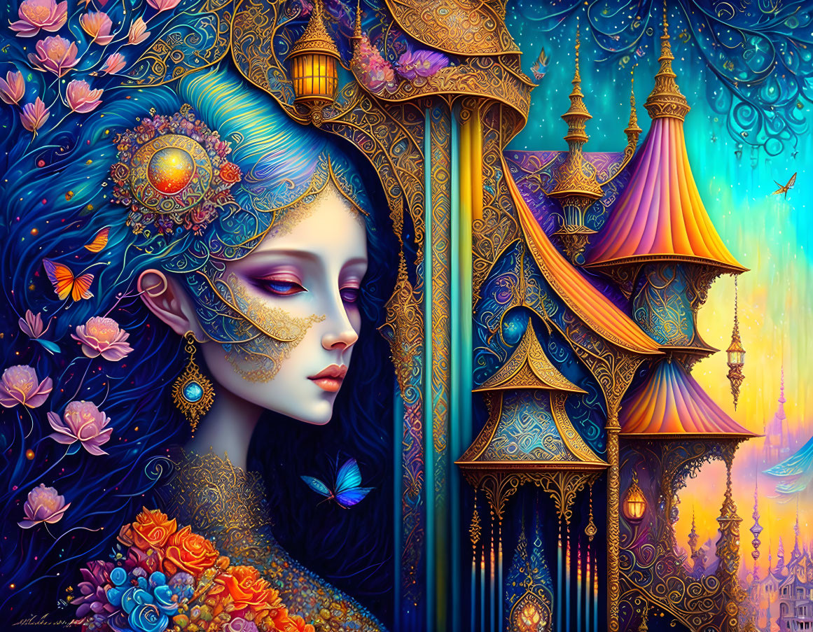 Detailed fantasy illustration of woman with decorative mask in ornate setting