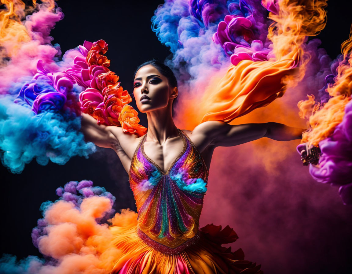 Colorful Woman in Dynamic Pose with Vibrant Swirling Smoke