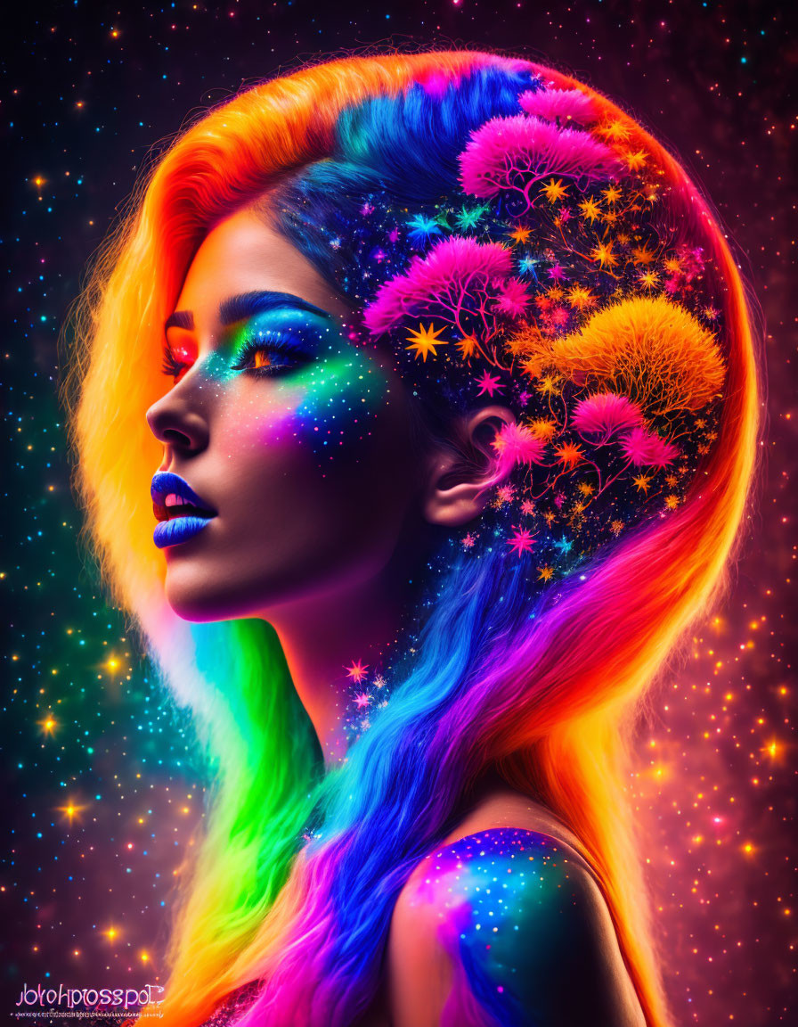 Vibrant rainbow-colored hair and makeup with cosmic night sky theme.