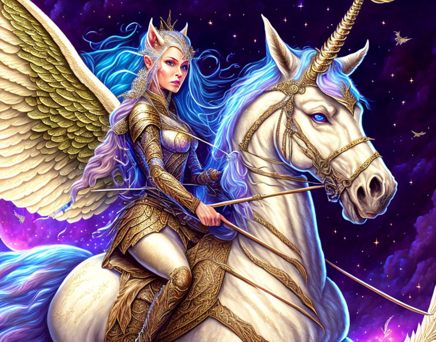 Ethereal winged elfin warrior on white unicorn in cosmic scene