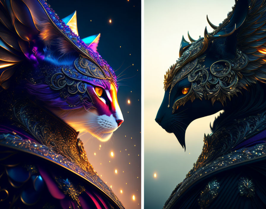 Digital Artwork: Majestic Mythical Cats in Twilight Setting