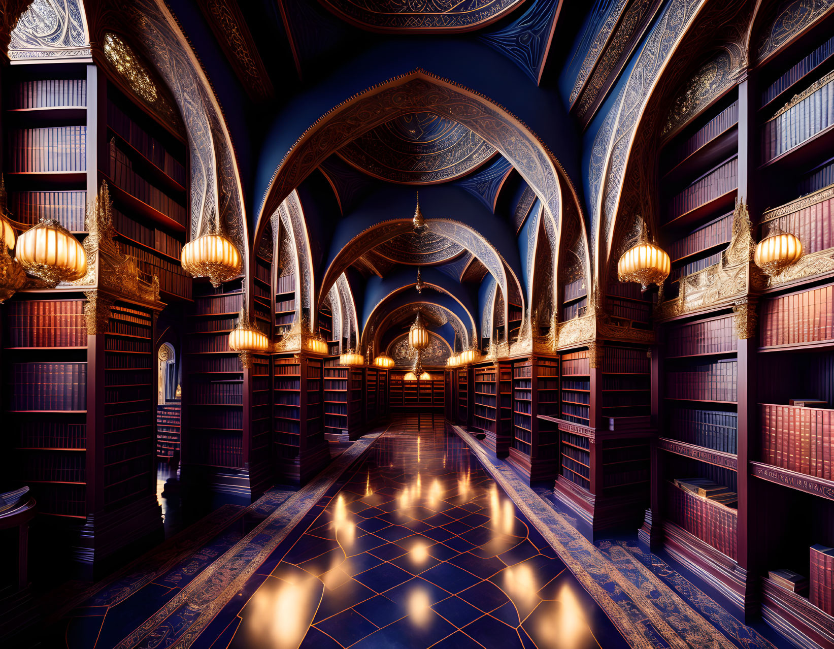 Opulent Gothic library with arched ceilings and dark wood bookshelves