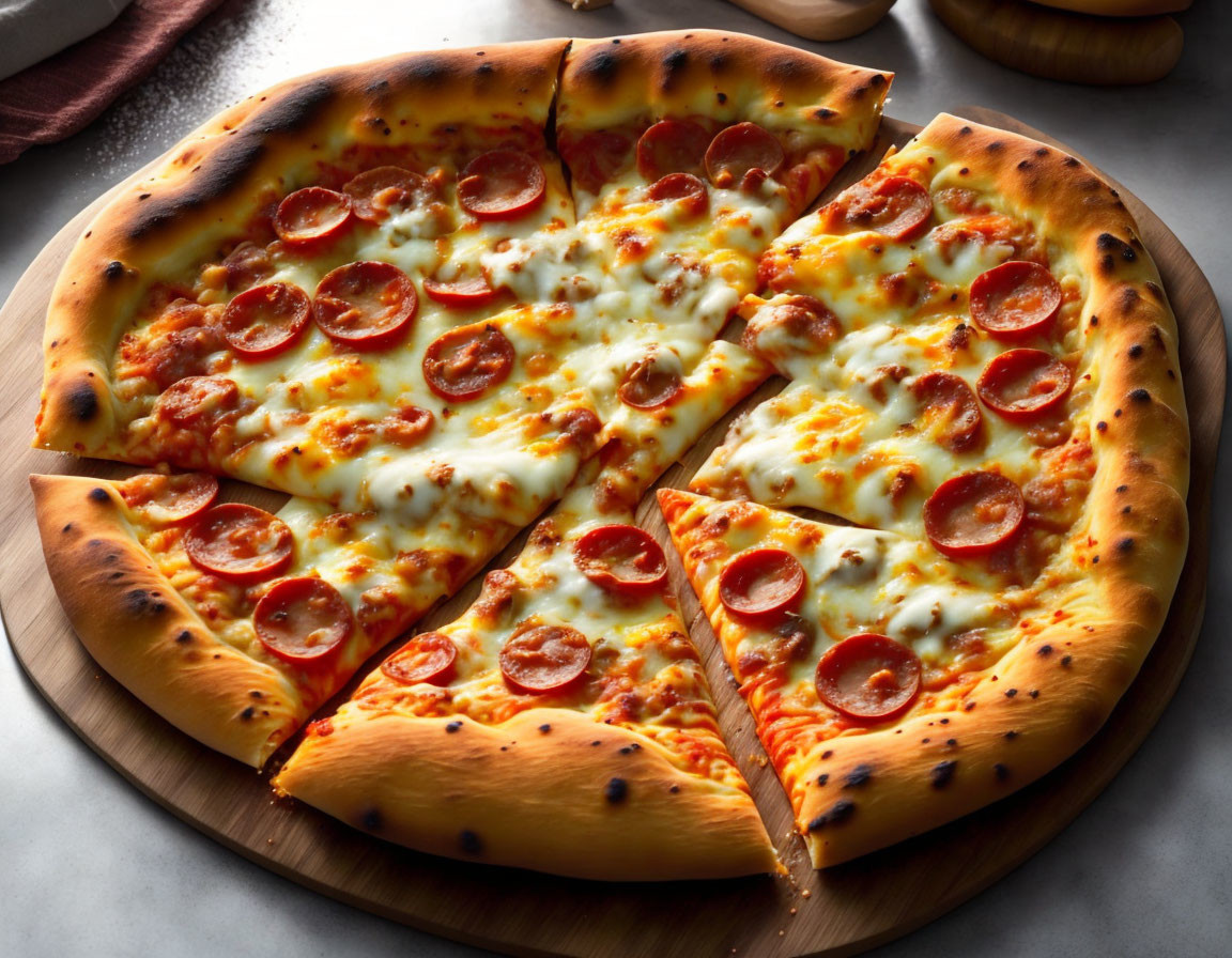 Fresh Pepperoni Pizza Served on Wooden Board