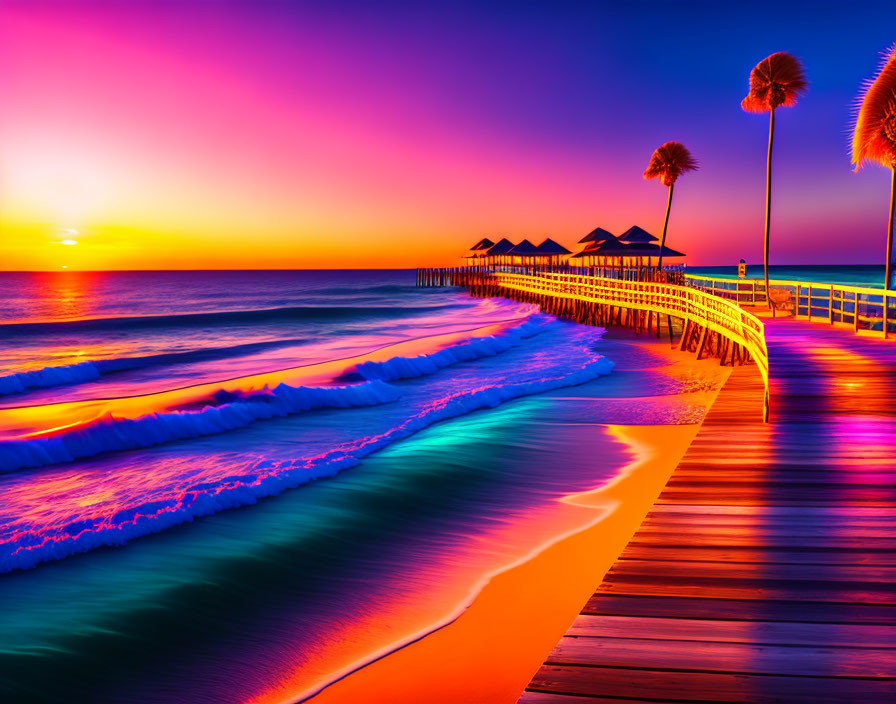 Scenic ocean sunset with wooden pier, thatched huts, and palm trees