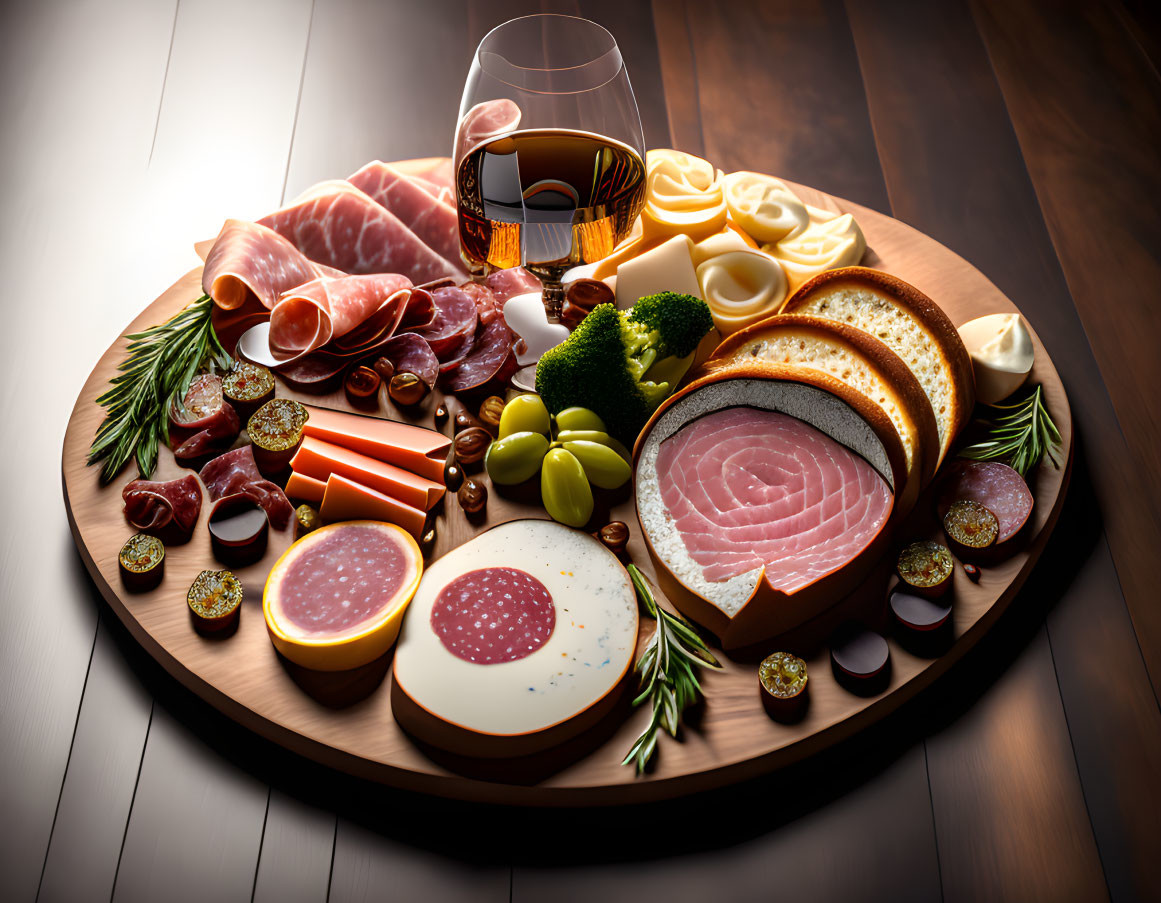 Assorted Meats, Cheese, Olives, Nuts, and Wine on Wooden Table