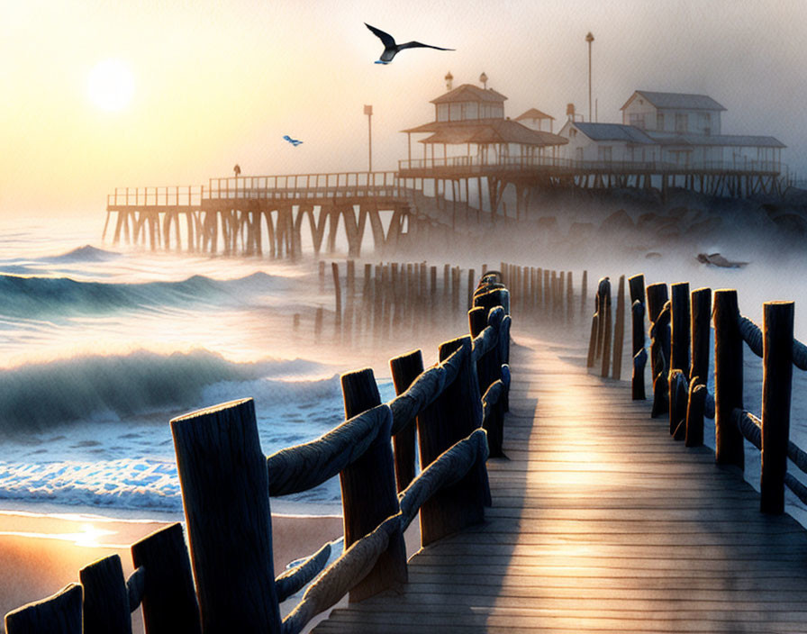 Sunrise Beach Scene with Pier, Building, Waves, Seagull, and Mist