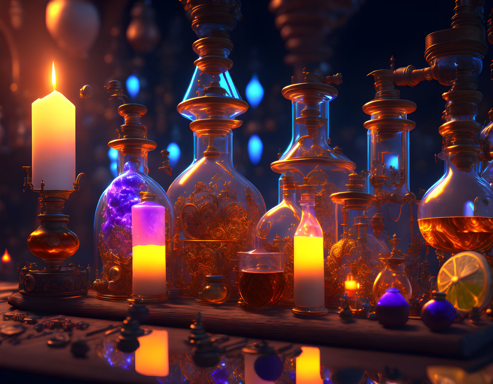 Glowing potions in ornate bottles with candles and blue flames