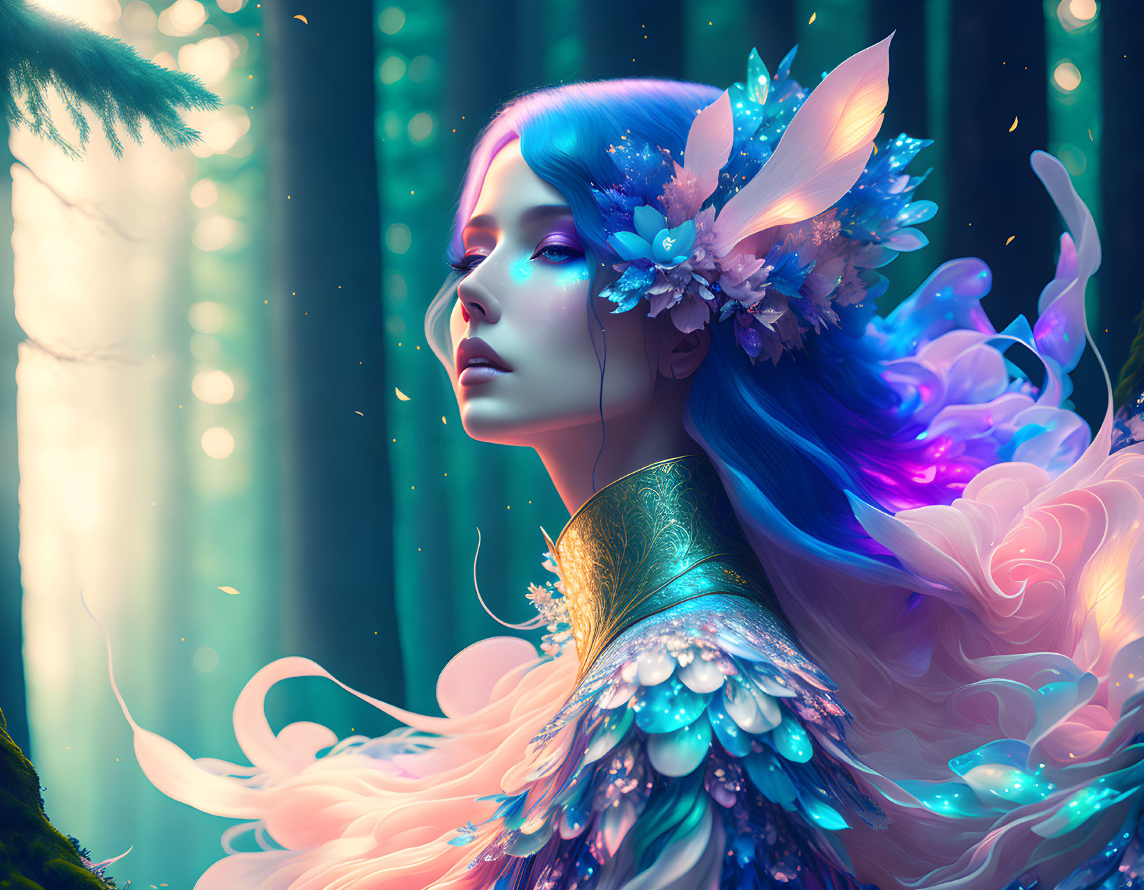 Vibrant blue-haired woman in mystical forest with flowers and feathers.