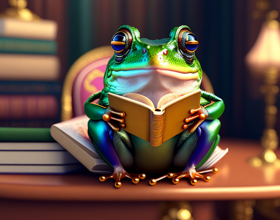 Colorful frog with glasses in library setting holding a book