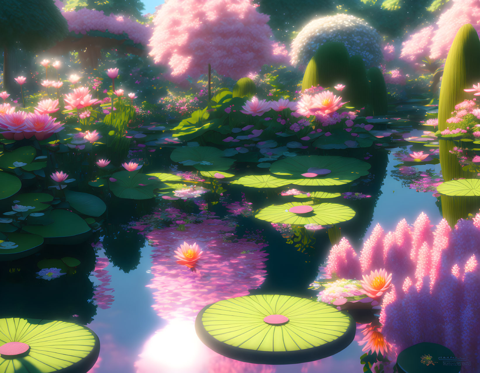 Tranquil pond with blooming lotus flowers and vibrant pink and white flora