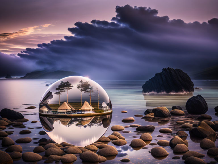 Tranquil island landscape in crystal ball with trees and huts against dark cloudy sky