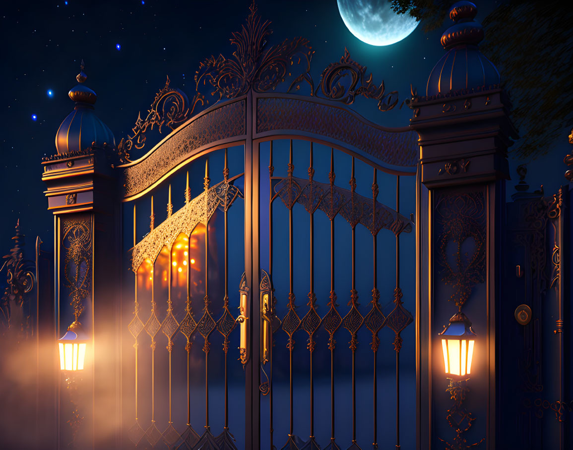 Starry night scene with ornate iron gate and glowing lanterns