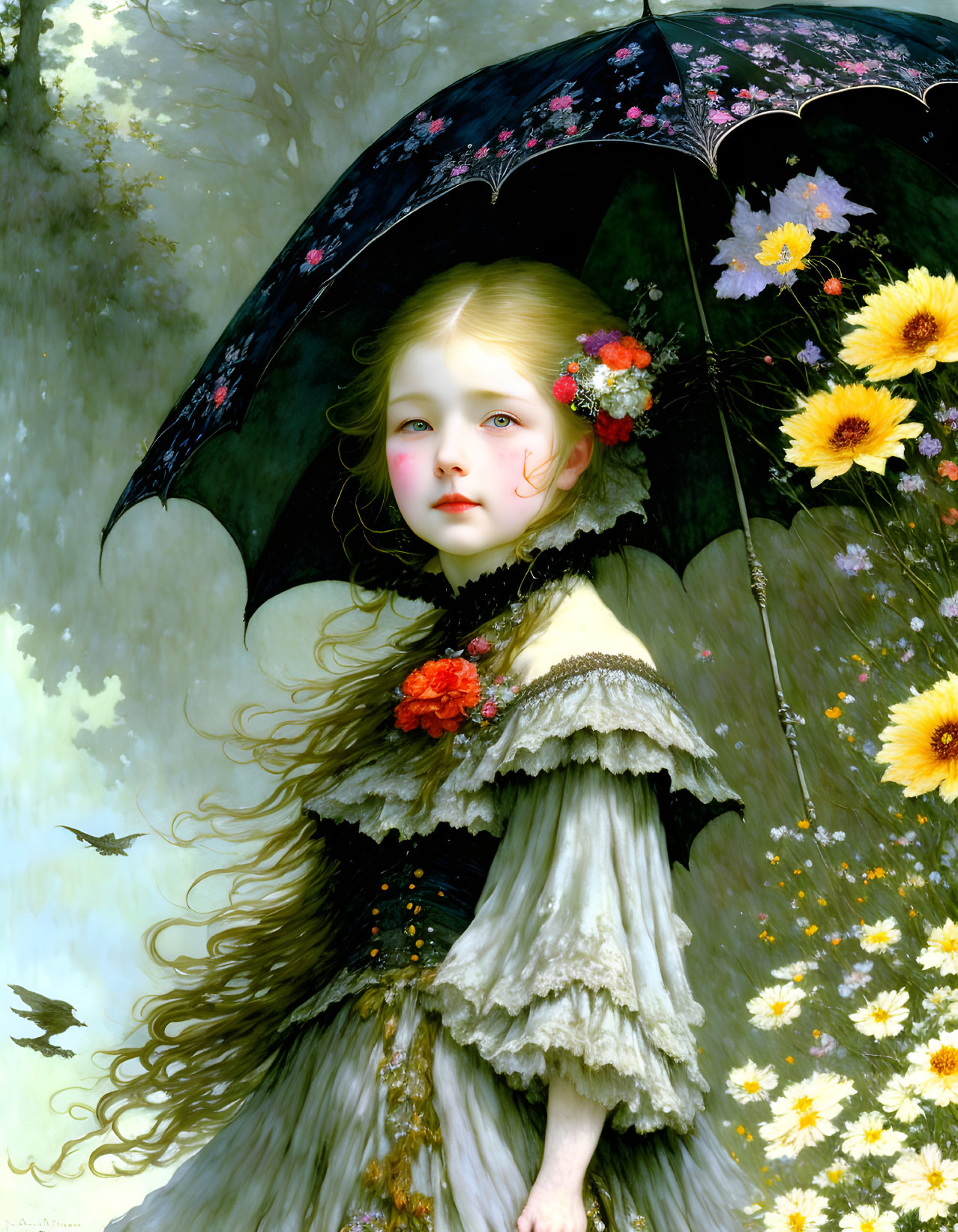 Blonde girl with floral umbrella among sunflowers