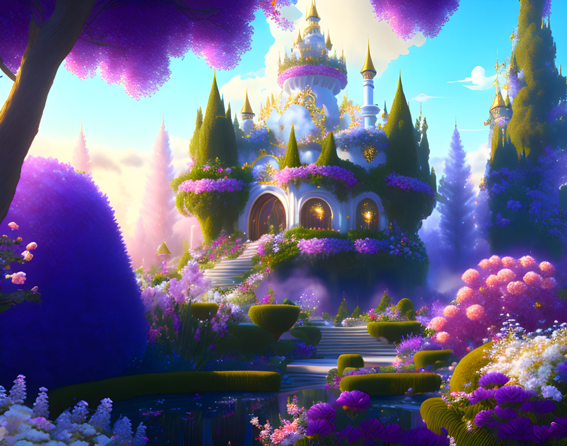 Whimsical castle in violet-hued flora under tranquil twilight sky