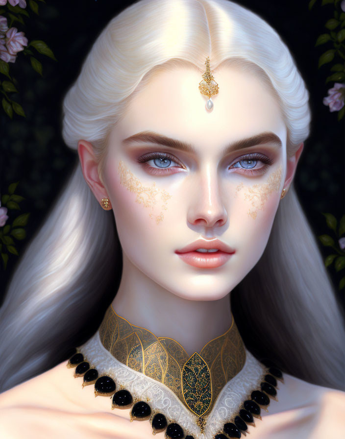 Portrait of woman with alabaster skin, blue eyes, platinum blonde hair, gold jewelry, intricate