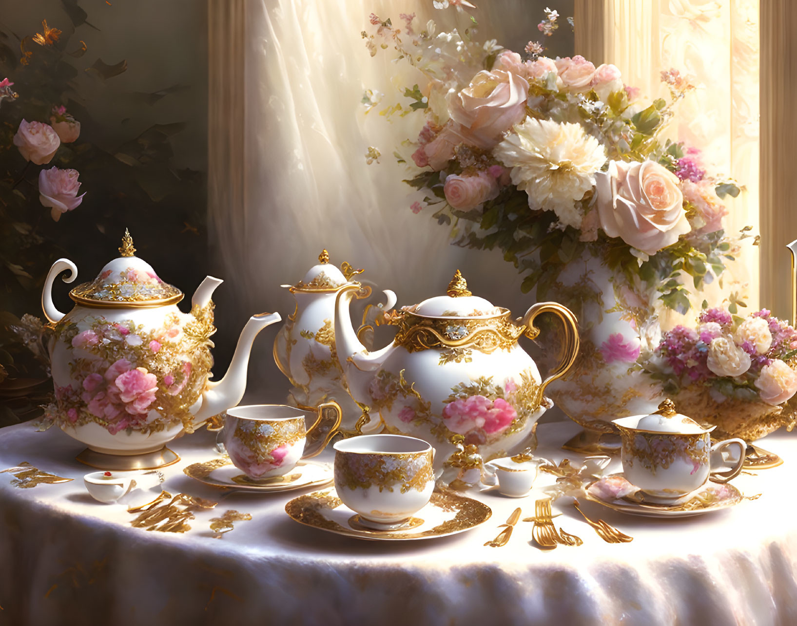 Floral-patterned tea set in soft sunlight with lush flowers