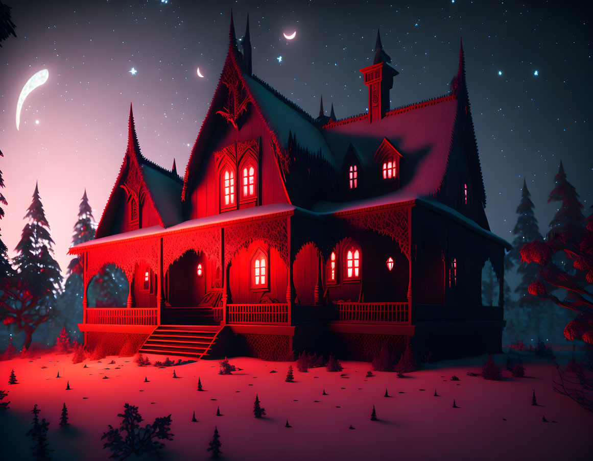 Gothic-style house at night with crescent moon and snowy forest